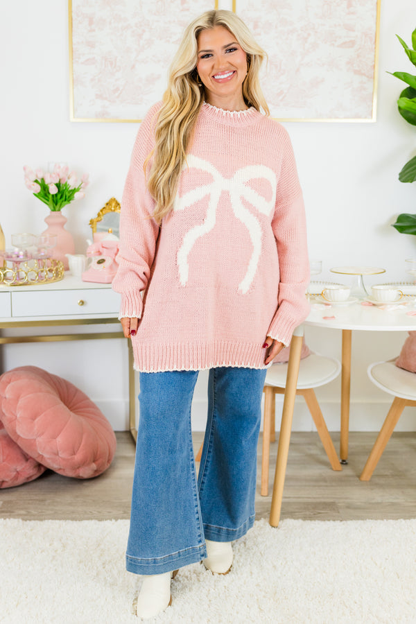 Chic Soul plus size clothing, pink knit sweater with white bow 