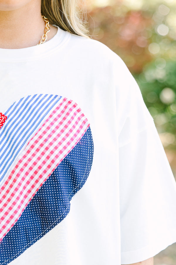Chic Soul plus size clothing, white tee with patriotic patchwork heart on front