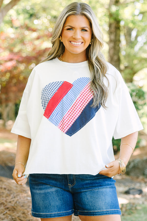 Chic Soul plus size clothing, white tee with patriotic patchwork heart on front
