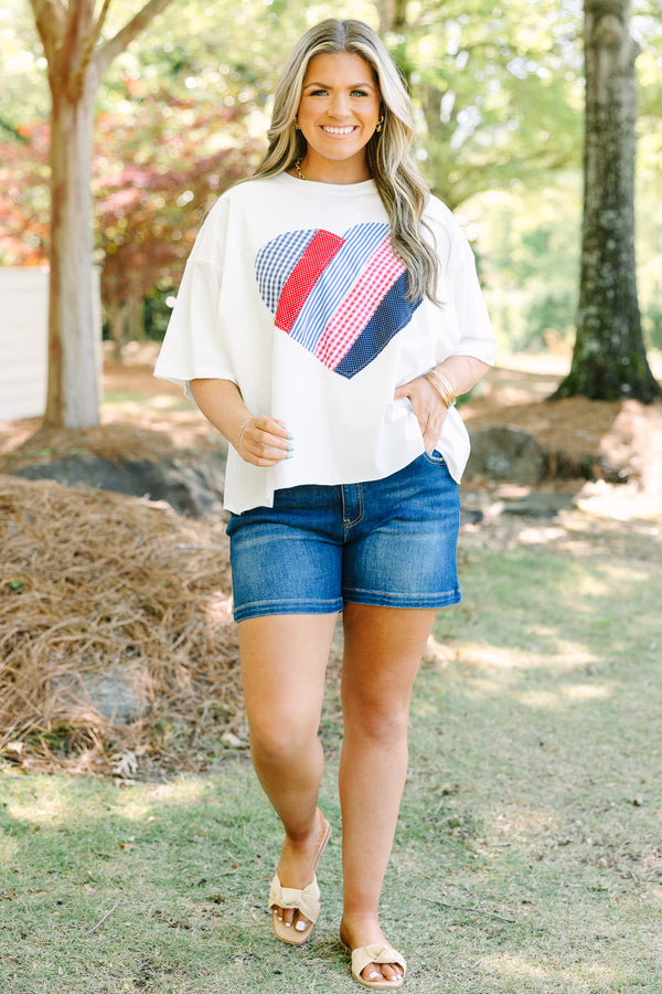 Chic Soul plus size clothing, white tee with patriotic patchwork heart on front