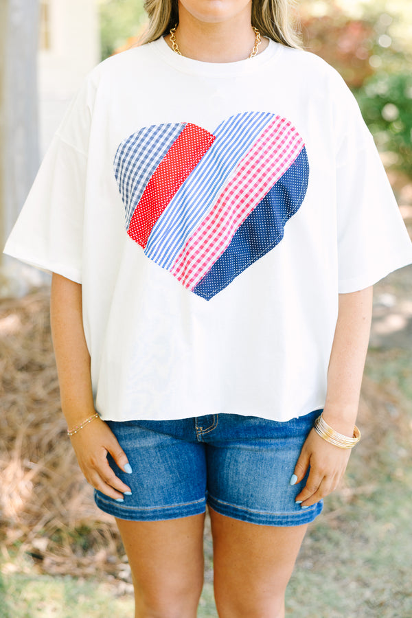 Chic Soul plus size clothing, white tee with patriotic patchwork heart on front