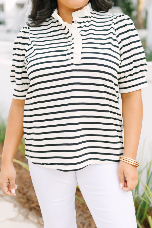 Chic Soul plus size clothing, black and white horizontal striped short puff sleeve top with 1/4 button up ruffle collar