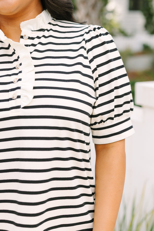 Chic Soul plus size clothing, black and white horizontal striped short puff sleeve top with 1/4 button up ruffle collar