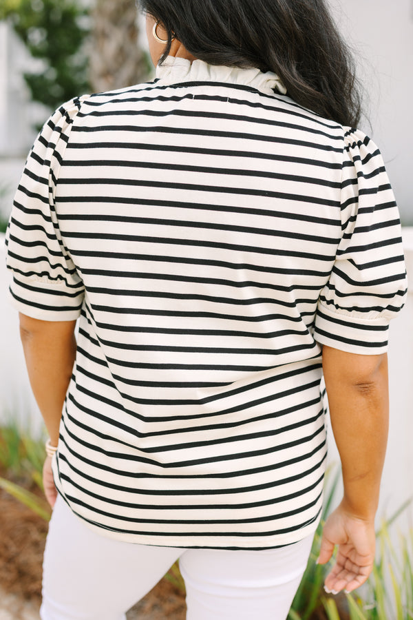 Chic Soul plus size clothing, black and white horizontal striped short puff sleeve top with 1/4 button up ruffle collar