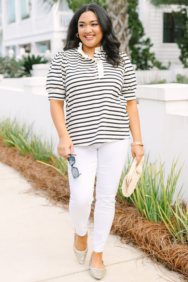 Chic Soul plus size clothing, black and white horizontal striped short puff sleeve top with 1/4 button up ruffle collar