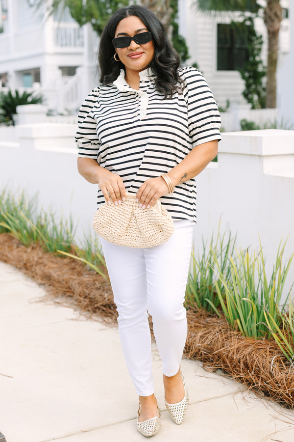 Chic Soul plus size clothing, black and white horizontal striped short puff sleeve top with 1/4 button up ruffle collar