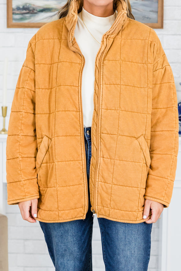 Chic Soul plus size clothing, taupe brown long sleeve quilted zip up jacket with collar detail and side pockets with silver hardware