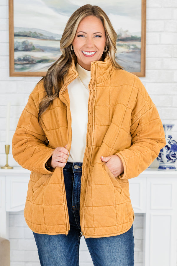 Chic Soul plus size clothing, taupe brown long sleeve quilted zip up jacket with collar detail and side pockets with silver hardware