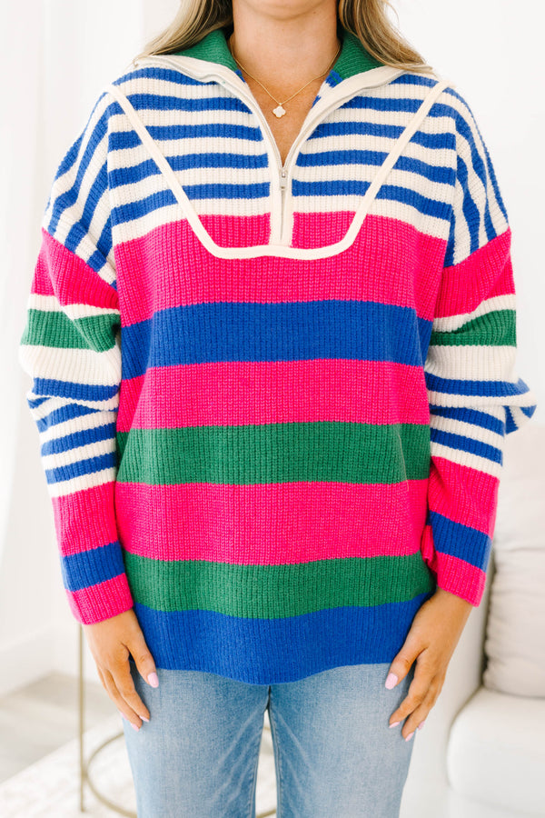 Chic Soul plus size clothing, blue multi colored sweater with a striped pattern and a zipper on the chest 