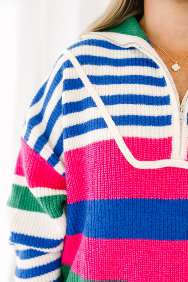 Chic Soul plus size clothing, blue multi colored sweater with a striped pattern and a zipper on the chest 