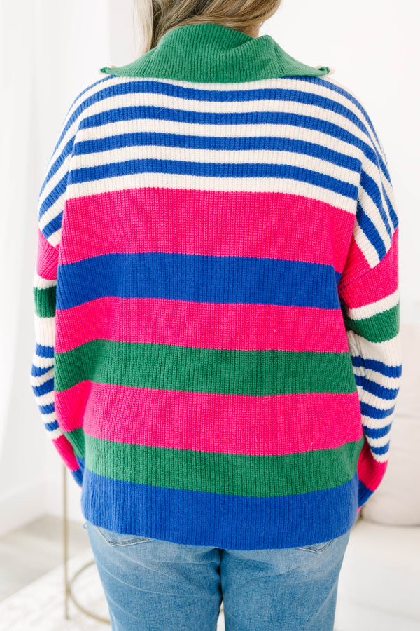 Chic Soul plus size clothing, blue multi colored sweater with a striped pattern and a zipper on the chest 