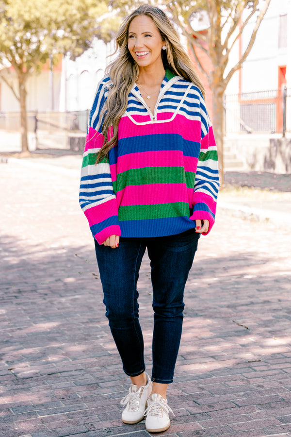 Chic Soul plus size clothing, blue multi colored sweater with a striped pattern and a zipper on the chest 
