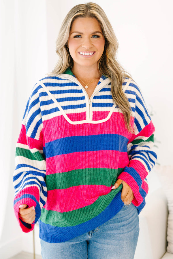 Chic Soul plus size clothing, blue multi colored sweater with a striped pattern and a zipper on the chest 