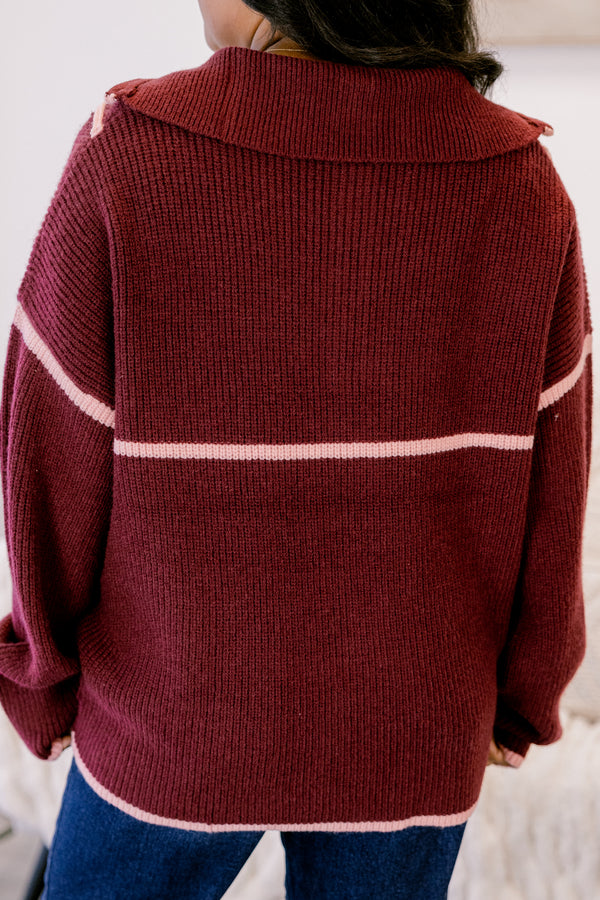 Chic Soul plus size clothing, burgundy knit 1/4 zip sweater with light pink trim