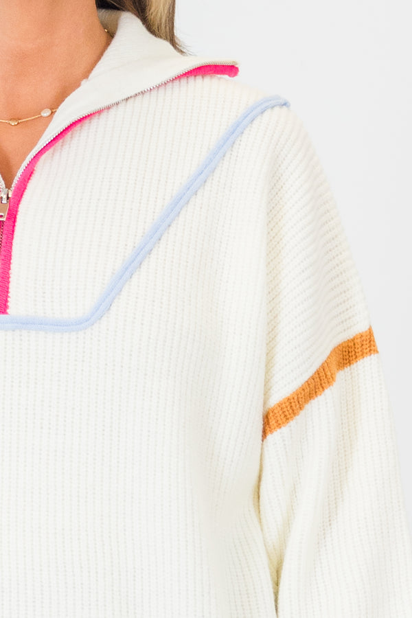 Chic Soul plus size clothing, cream long sleeve knit sweater pullover with zip up collar detail with multi color outlining along chest and neckline and sleeves and bottom
