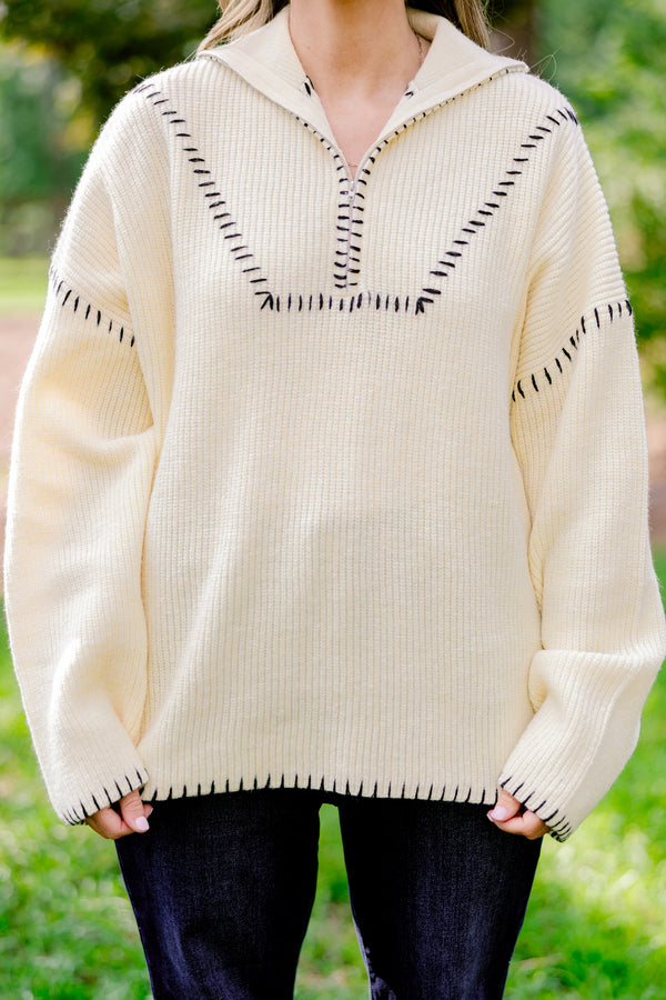 Chic Soul plus size clothing, cream quarter zip sweater with black embroidery detailing on the hem, sleeves, and neckline