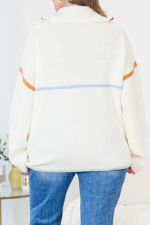 Chic Soul plus size clothing, cream long sleeve knit sweater pullover with zip up collar detail with multi color outlining along chest and neckline and sleeves and bottom