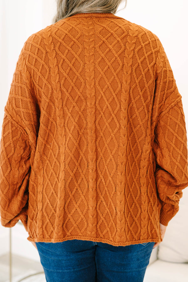 Plus Size brown cable knit cardigan with a V-neckline, button-front, and front pockets.