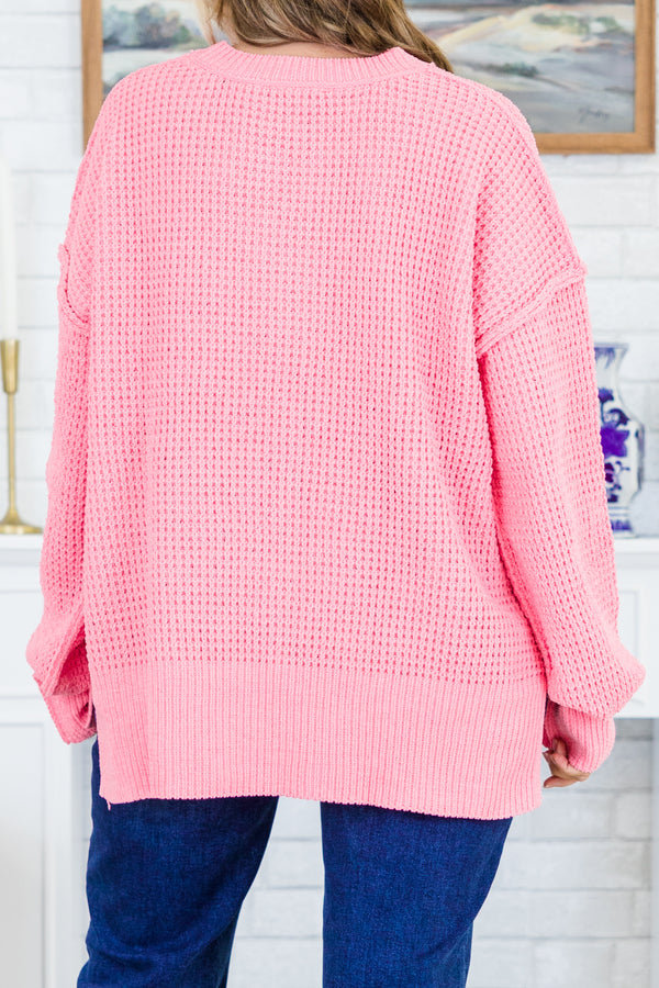 Chic Soul plus size clothing, pink knitted sweater with bubble sleeves
