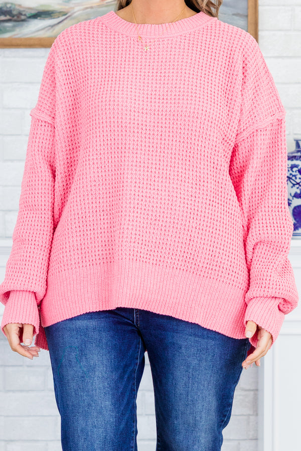 Chic Soul plus size clothing, pink knitted sweater with bubble sleeves