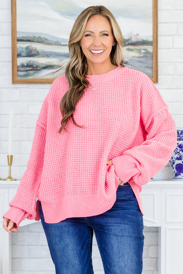 Chic Soul plus size clothing, pink knitted sweater with bubble sleeves