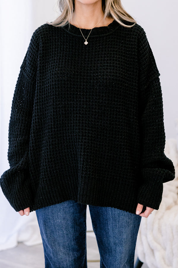 Chic Soul plus size clothing, black long sleeve knit crew neck sweater 