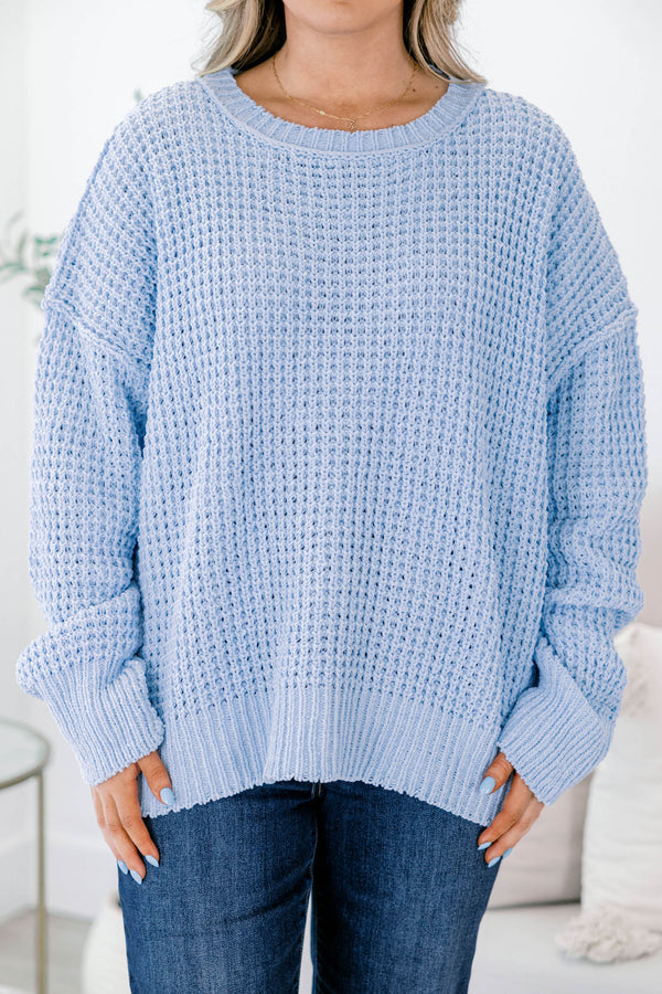 Chic Soul plus size clothing, blue woven long sleeve sweater with ribbed details on the neckline and at the end of the sleeves 