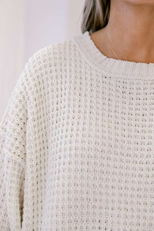 Chic Soul plus size clothing, cream long sleeve chunky knit crewneck sweater 