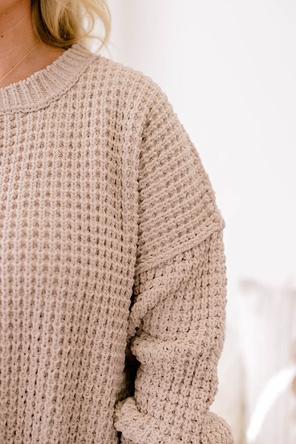 Chic Soul plus size clothing, tan chunky waffle knit oversized long sleeve sweater 