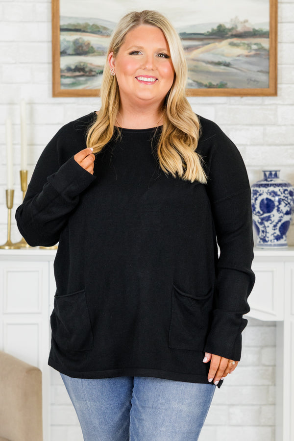 Chic Soul plus size clothing, long-sleeve cozy black sweater with scoop-neckline