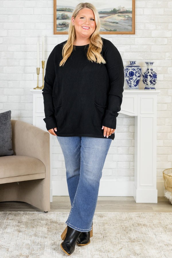 Chic Soul plus size clothing, long-sleeve cozy black sweater with scoop-neckline