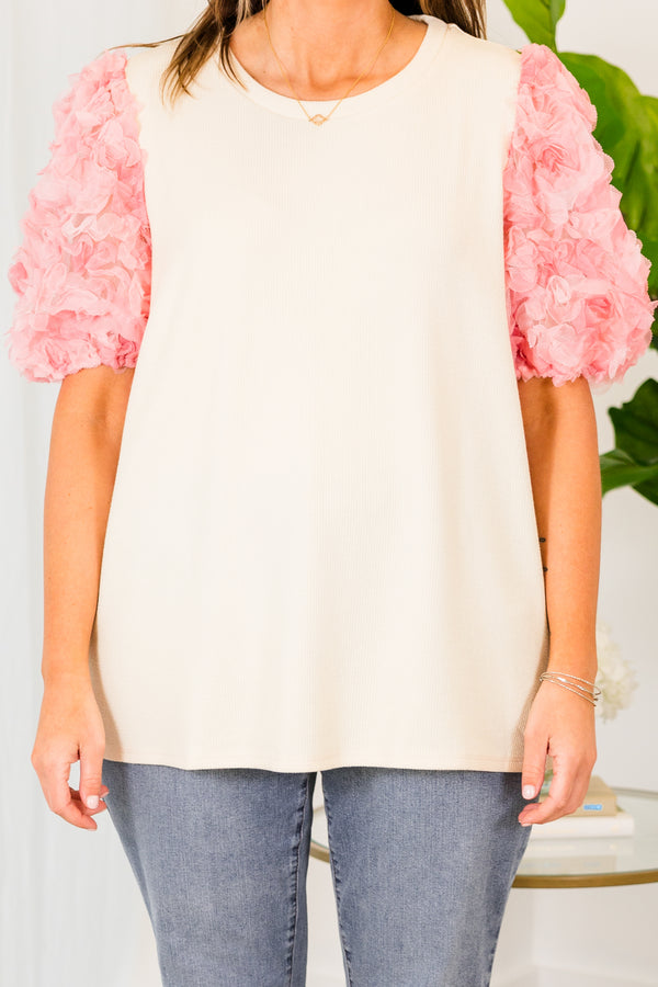 Chic Soul plus size clothing, natural top with pink textured sleeves
