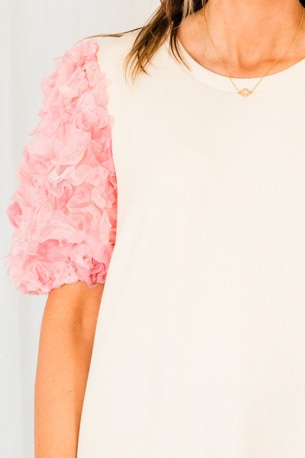 Chic Soul plus size clothing, natural top with pink textured sleeves