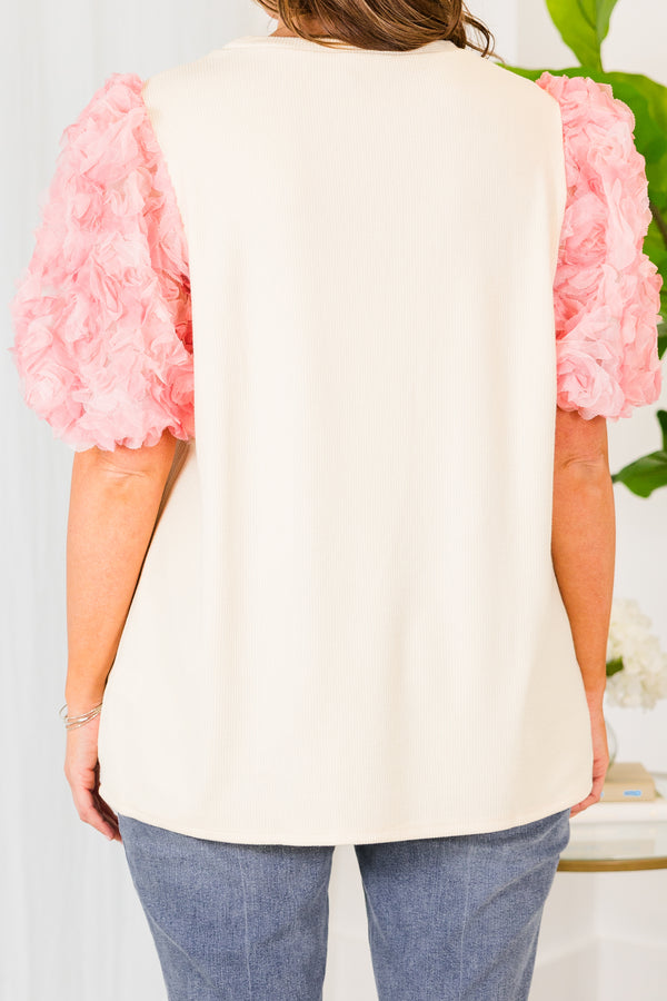 Chic Soul plus size clothing, natural top with pink textured sleeves