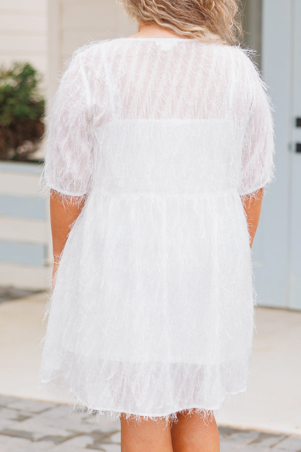 Chic Soul plus size clothing, white dress with fringe detailing all over and sheer sleeves