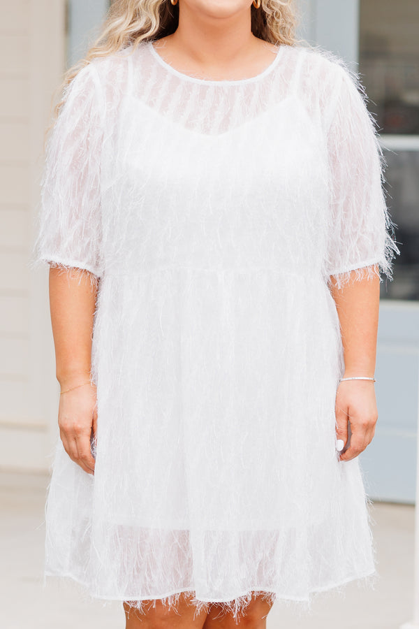Chic Soul plus size clothing, white dress with fringe detailing all over and sheer sleeves