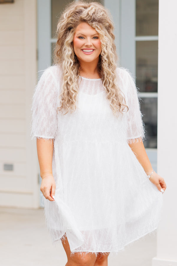 Chic Soul plus size clothing, white dress with fringe detailing all over and sheer sleeves