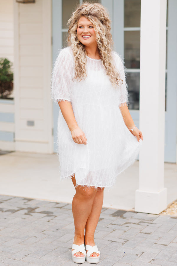 Chic Soul plus size clothing, white dress with fringe detailing all over and sheer sleeves