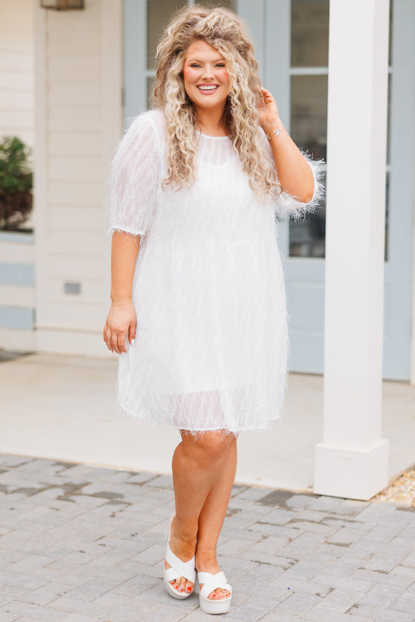 Chic Soul plus size clothing, white dress with fringe detailing all over and sheer sleeves