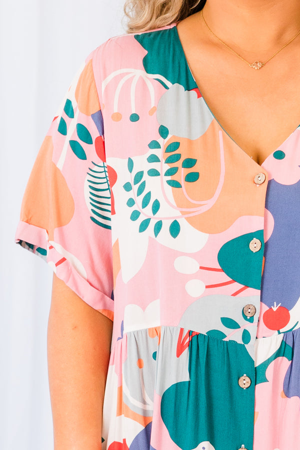 Chic Soul plus size clothing, mauve mix printed maxi dress with short sleeves and v neck with button up detail