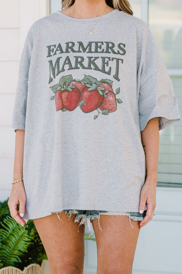 Plus Size heather gray oversized boyfriend tee with a Farmers Market strawberry graphic.