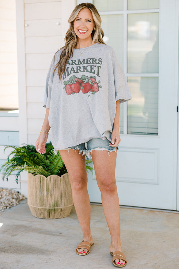 Plus Size heather gray oversized boyfriend tee with a Farmers Market strawberry graphic.