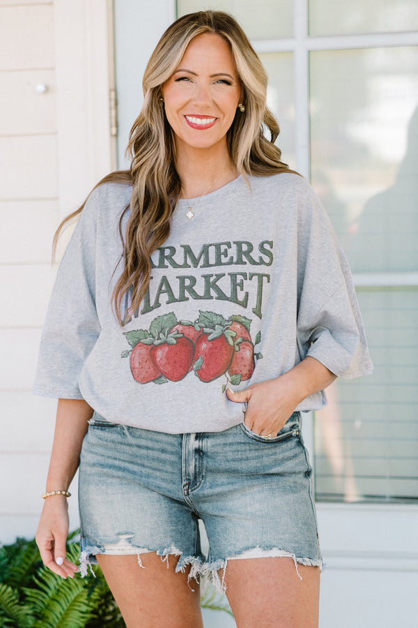 Plus Size heather gray oversized boyfriend tee with a Farmers Market strawberry graphic.