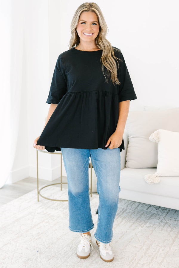 Chic Soul plus size clothing, black solid half sleeve casual babydoll top
