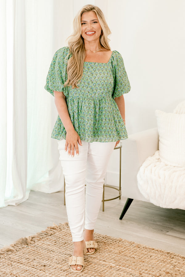 Chic Soul plus size clothing, sage green bubble sleeve babydoll top with blue and white flower pattern