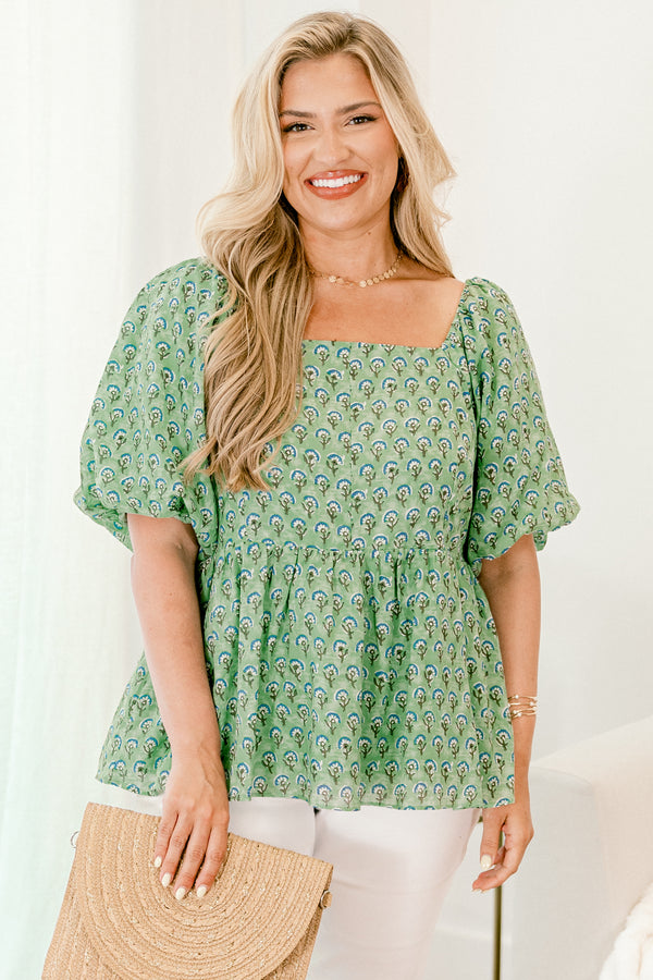 Chic Soul plus size clothing, sage green bubble sleeve babydoll top with blue and white flower pattern