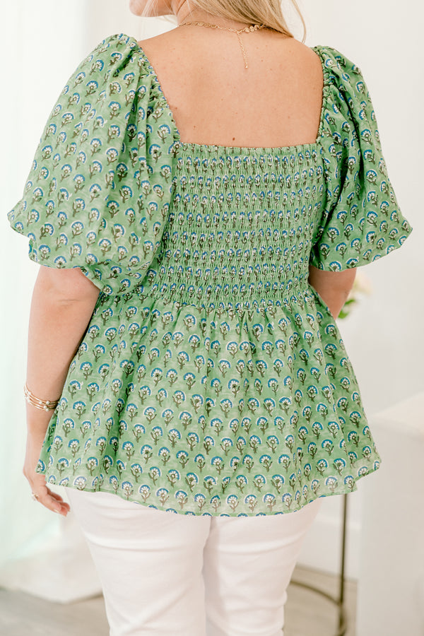 Chic Soul plus size clothing, sage green bubble sleeve babydoll top with blue and white flower pattern