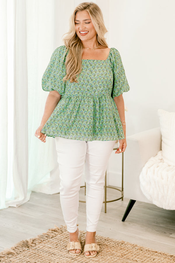 Chic Soul plus size clothing, sage green bubble sleeve babydoll top with blue and white flower pattern