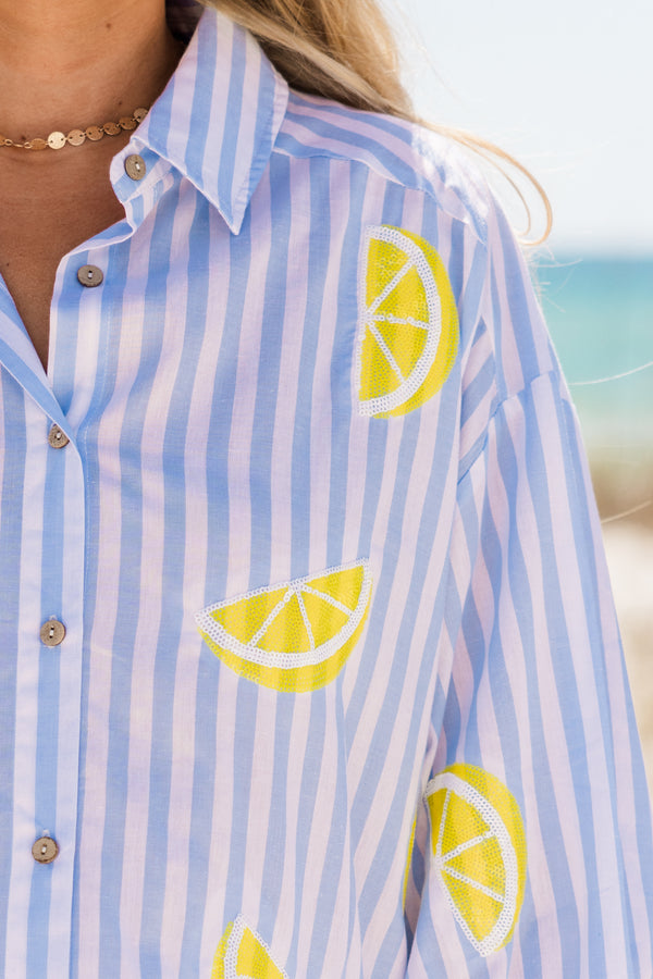 Chic Soul plus size clothing, blue and white stripe button up top with collar detail with yellow lemon designs