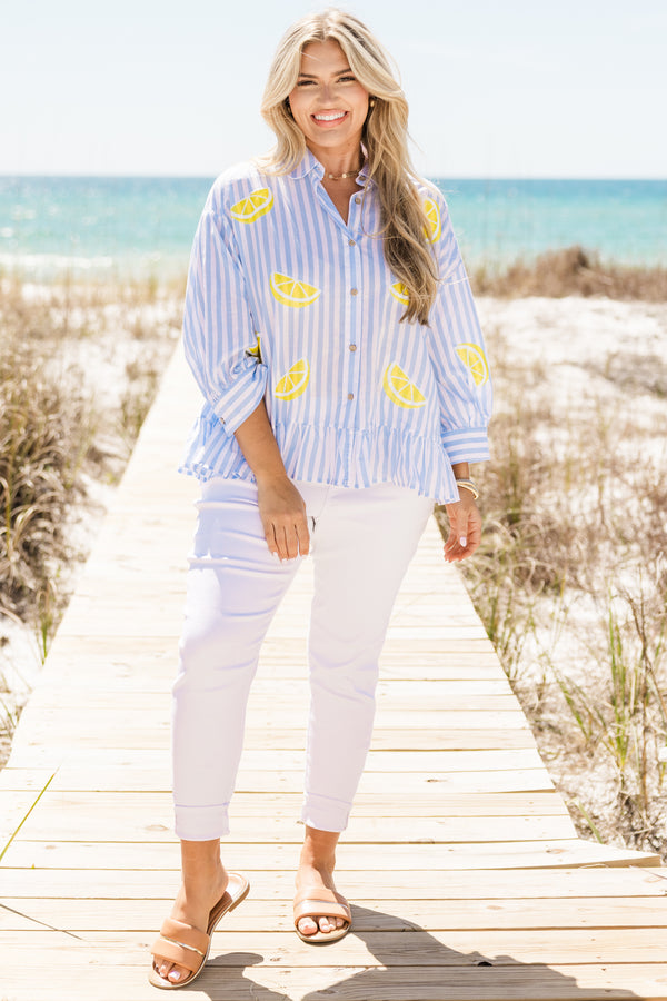 Chic Soul plus size clothing, blue and white stripe button up top with collar detail with yellow lemon designs